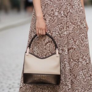 Brighton Gina Shoulder Bag Cream Leather Brown Croc Embossed Trim Braided Strap